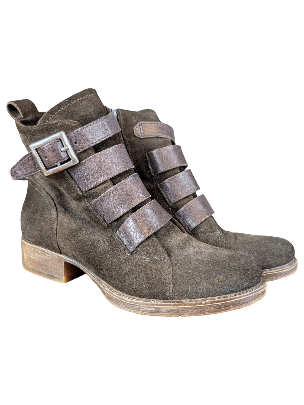 Miz Mooz Nayomi Leather Suede Buckle Ankle Boots Brown US 7.5 EU 38 Moto Boho